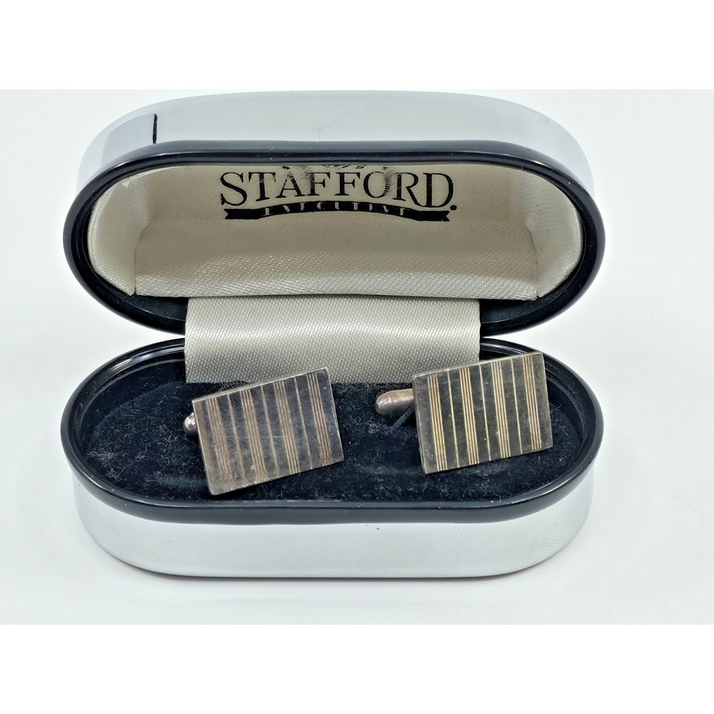 Vintage Stafford Sterling Rectangular Etched Bullet Back Cufflinks w/Metal Box